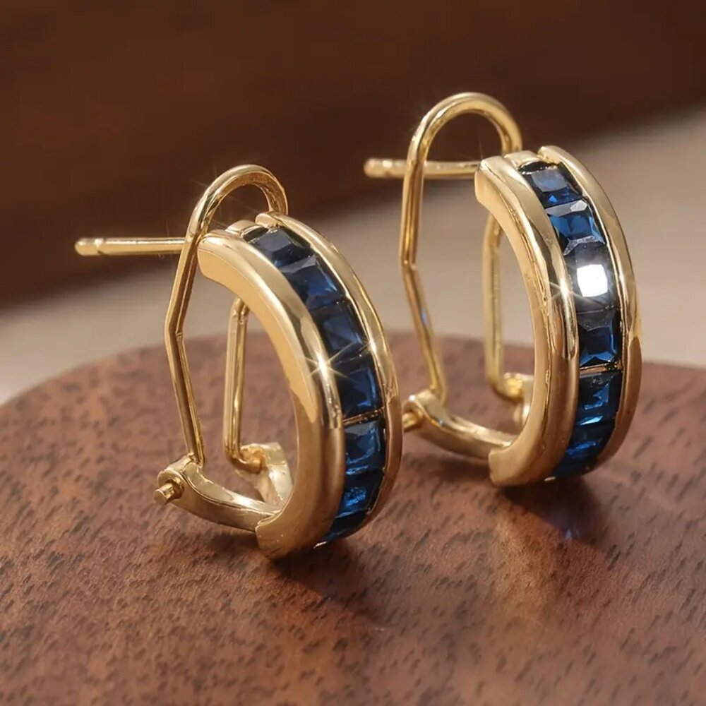 NEW blue channel set CZ omega back earrings gold tone - Picture 2 of 4